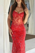 Load image into Gallery viewer, Gorgeous Mermaid Spaghetti Straps Orange Long Prom Dress with Appliques