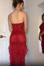 Load image into Gallery viewer, Hot Sheath Spaghetti Straps Red Long Prom Dress with Pearls Ruffles
