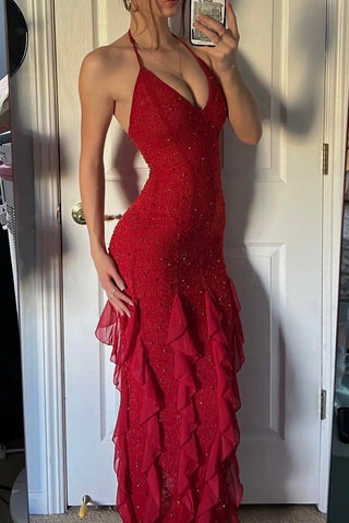 Hot Sheath Spaghetti Straps Red Long Prom Dress with Pearls Ruffles