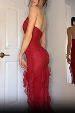 Load image into Gallery viewer, Hot Sheath Spaghetti Straps Red Long Prom Dress with Pearls Ruffles
