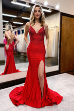 Load image into Gallery viewer, Dark Green Glitter Mermaid Open Back Long Corset Beaded Prom Dress
