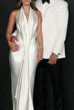 Load image into Gallery viewer, Ivory Satin Halter Neck Deep V-Neck Backless Column Evening Dress with Front Drape Knot