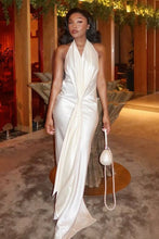Load image into Gallery viewer, Ivory Satin Halter Neck Deep V-Neck Backless Column Evening Dress with Front Drape Knot