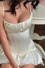 Load image into Gallery viewer, Ivory Satin Spaghetti Straps Corset Homecoming Dress with Ruched Bust and Ruffle Hem