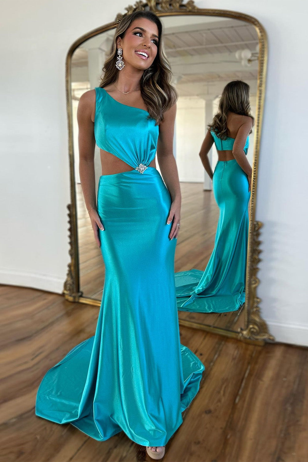 Luuvis Women Lake Blue Satin Mermaid One Shoulder Cutout Waist Prom Dress With Beading Luuvis Women Lake Blue Satin Mermaid One Shoulder Cutout Waist Prom Dress With Beading