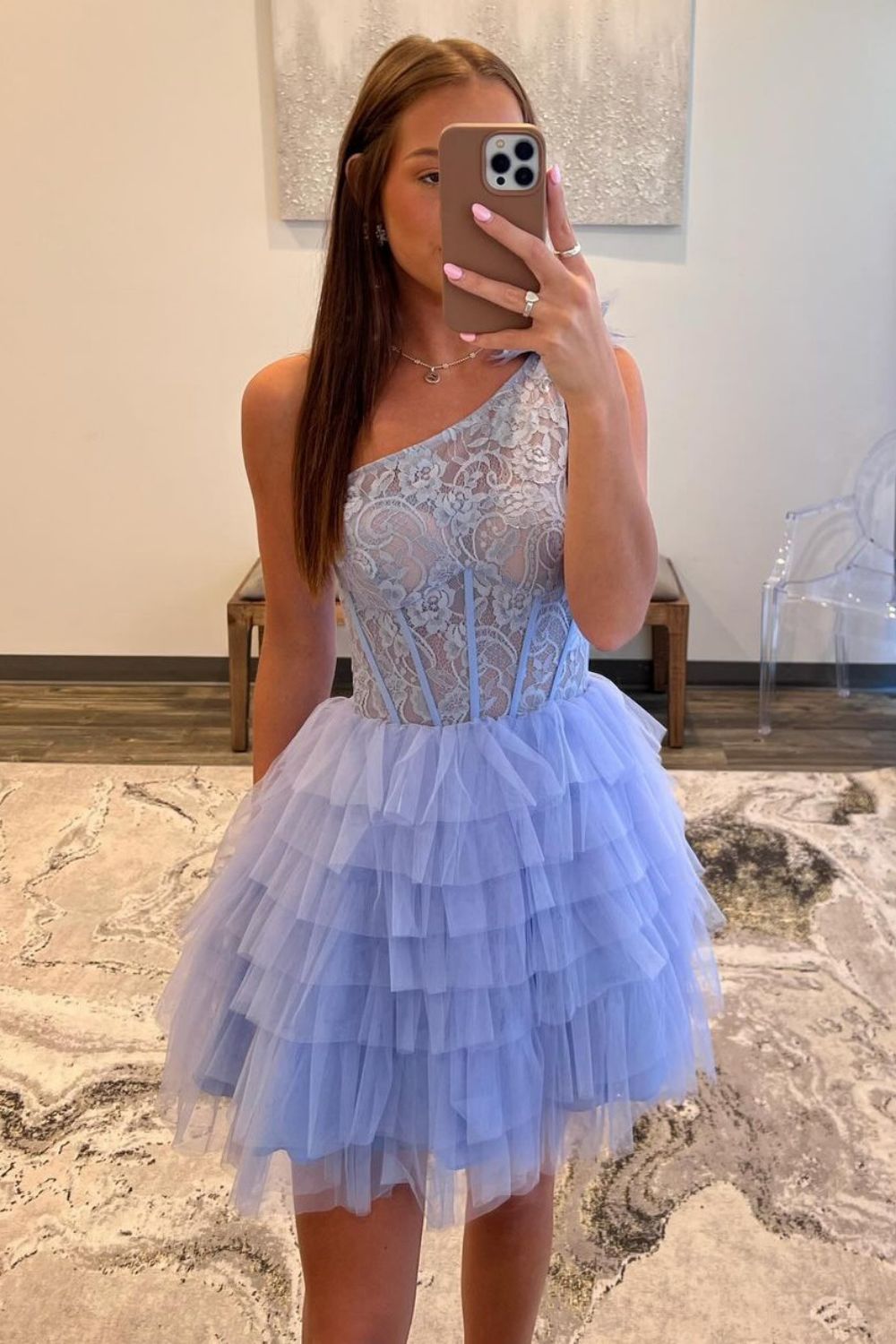 A-line One Shoulder Yellow Tulle Beading Homecoming Dress main image 1