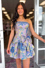 Load image into Gallery viewer, Lavender Blue Floral Brocade Strapless Homecoming Dress with Bow Detail