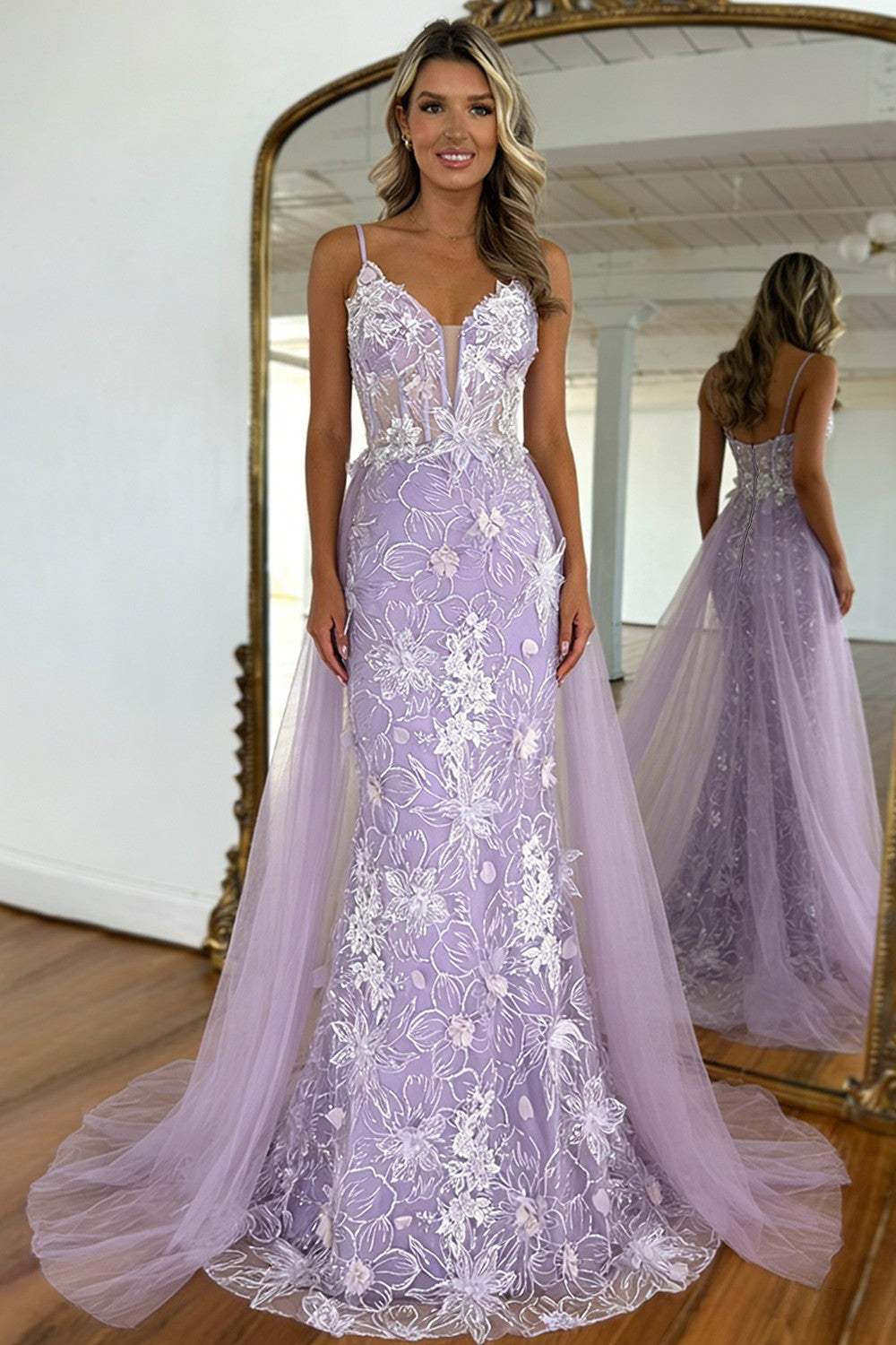Charming A Line Lavender Floral Embroidered Mermaid Prom Dress with Train
