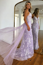 Load image into Gallery viewer, Charming A Line Lavender Floral Embroidered Mermaid Prom Dress with Train