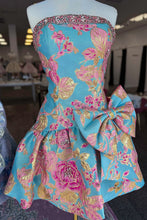 Load image into Gallery viewer, Lavender Blue Floral Brocade Strapless Homecoming Dress with Bow Detail