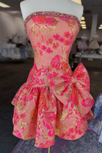 Load image into Gallery viewer, Lavender Blue Floral Brocade Strapless Homecoming Dress with Bow Detail