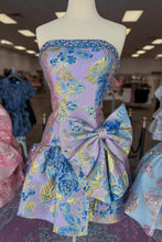 Load image into Gallery viewer, Lavender Blue Floral Brocade Strapless Homecoming Dress with Bow Detail