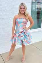 Load image into Gallery viewer, Lavender Blue Floral Brocade Strapless Homecoming Dress with Bow Detail