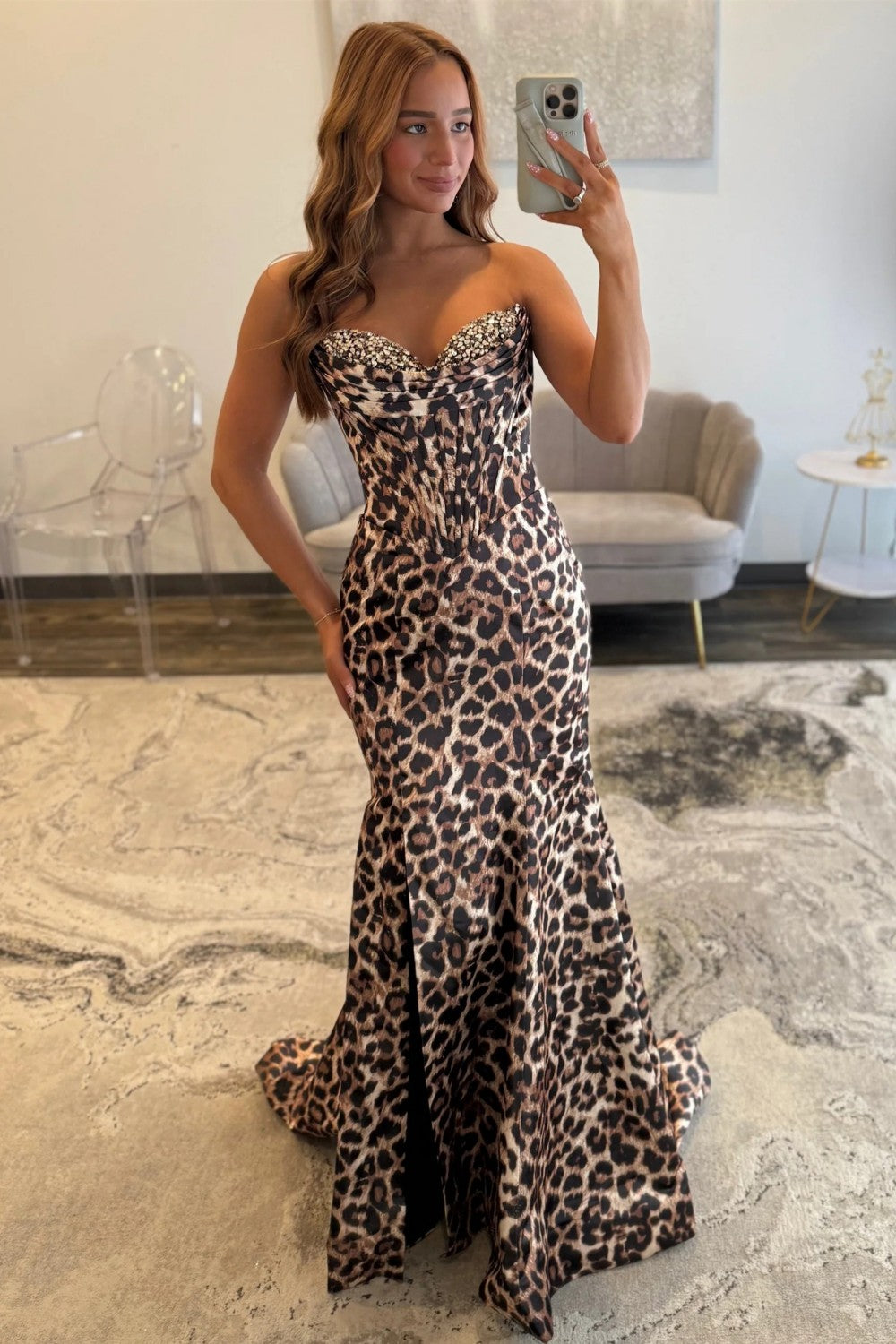 Stunning Mermaid Sweetheart Brown Leopard Printed Corset Prom Dress with Beading