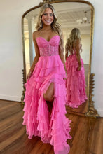 Load image into Gallery viewer, Light Blue A-Line Sweetheart Long Lace And Chiffon Prom Dress With Slit
