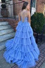 Load image into Gallery viewer, Light Blue A-Line Spaghetti Straps Lace Up Long Tiered Tulle Prom Dress
