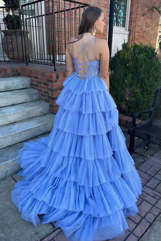 Light Blue A-Line Spaghetti Straps Lace Up Long Tiered Tulle Prom Dress