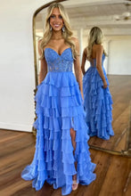 Load image into Gallery viewer, Light Blue A-Line Sweetheart Long Lace And Chiffon Prom Dress With Slit
