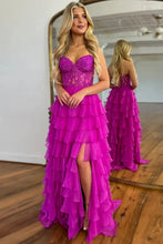 Load image into Gallery viewer, Light Blue A-Line Sweetheart Long Lace And Chiffon Prom Dress With Slit
