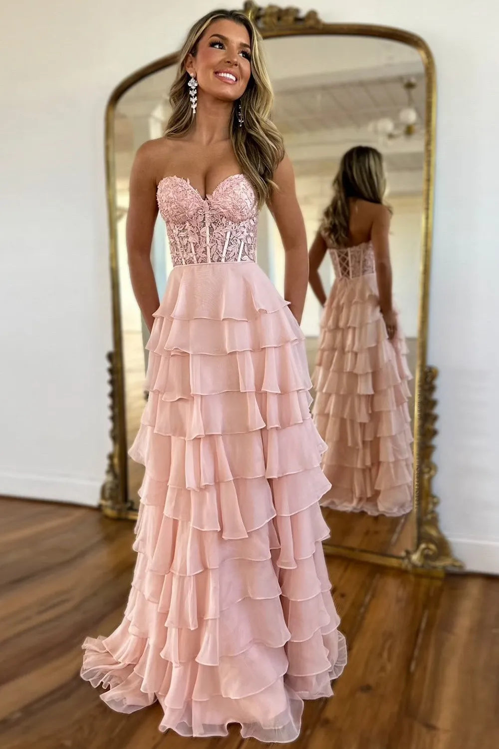 Luuvis Light Blue A-Line Sweetheart Long Lace And Chiffon Prom Dress With Slit Luuvis Light Blue A-Line Sweetheart Long Lace And Chiffon Prom Dress With Slit