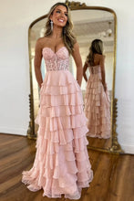 Load image into Gallery viewer, Light Blue A-Line Sweetheart Long Lace And Chiffon Prom Dress With Slit
