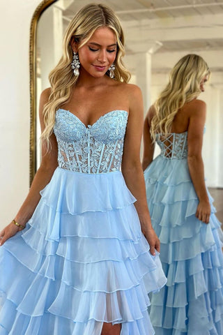 Light Blue A-Line Sweetheart Long Lace And Chiffon Prom Dress With Slit