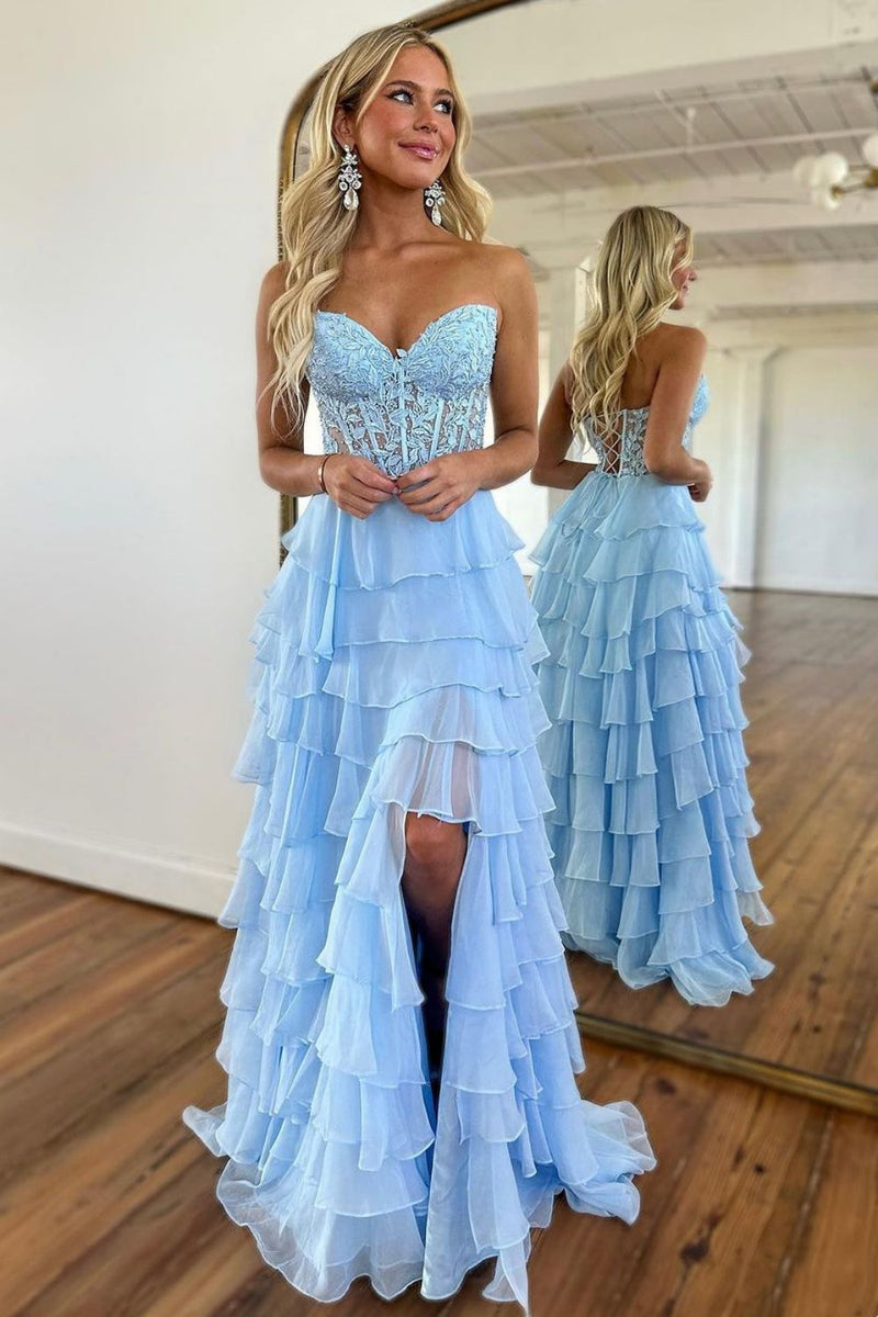 Luuvis Light Blue A-Line Sweetheart Long Lace And Chiffon Prom Dress