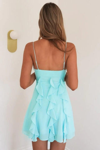 Chic A Line Spaghetti Straps Light Blue Short Homecoming Dress with Ruffles