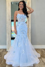 Load image into Gallery viewer, Chic Mermaid Spaghetti Straps Light Blue Mermaid Prom Dress with Tulle Train