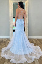 Load image into Gallery viewer, Chic Mermaid Spaghetti Straps Light Blue Mermaid Prom Dress with Tulle Train