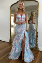 Load image into Gallery viewer, Gorgeous Mermaid Spaghetti Straps Light Blue Corset Prom Dress with Appliques