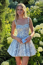 Load image into Gallery viewer, Light Blue Floral Homecoming Dress with Beaded Straps Fit and Flare Mini Dress