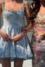 Load image into Gallery viewer, Light Blue Floral Homecoming Dress with Beaded Straps Fit and Flare Mini Dress