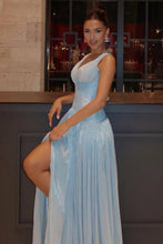 Load image into Gallery viewer, Charming A Line Light Blue Shimmer A-Line Evening Gown with Plunge Neck and Slit