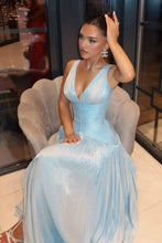 Load image into Gallery viewer, Charming A Line Light Blue Shimmer A-Line Evening Gown with Plunge Neck and Slit