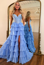 Load image into Gallery viewer, Princess A Line Sweetheart Light Blue Corset Prom Dress with Beading Ruffles