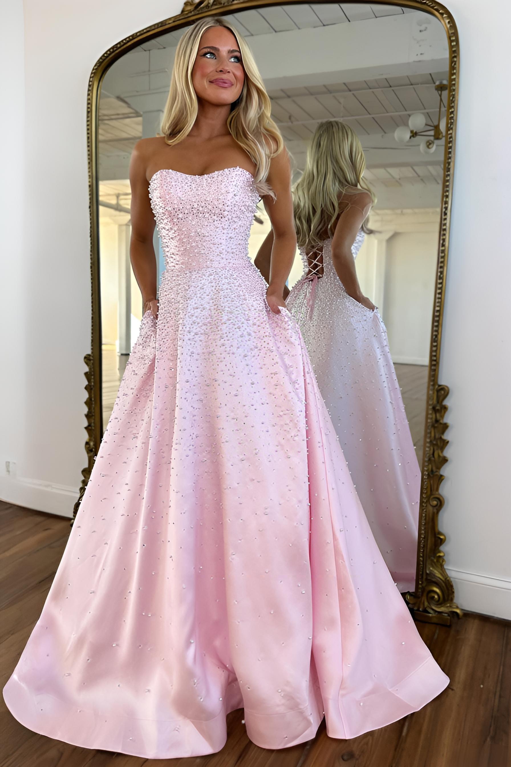 Luuvis Women Pink Long Prom Dress Trendy A Line Sweetheart Formal Dress with Pearls Criss Cross Back