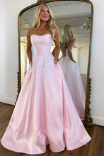 Load image into Gallery viewer, Trendy A Line Sweetheart Pink Long Prom Dress with Pearls Criss Cross Back