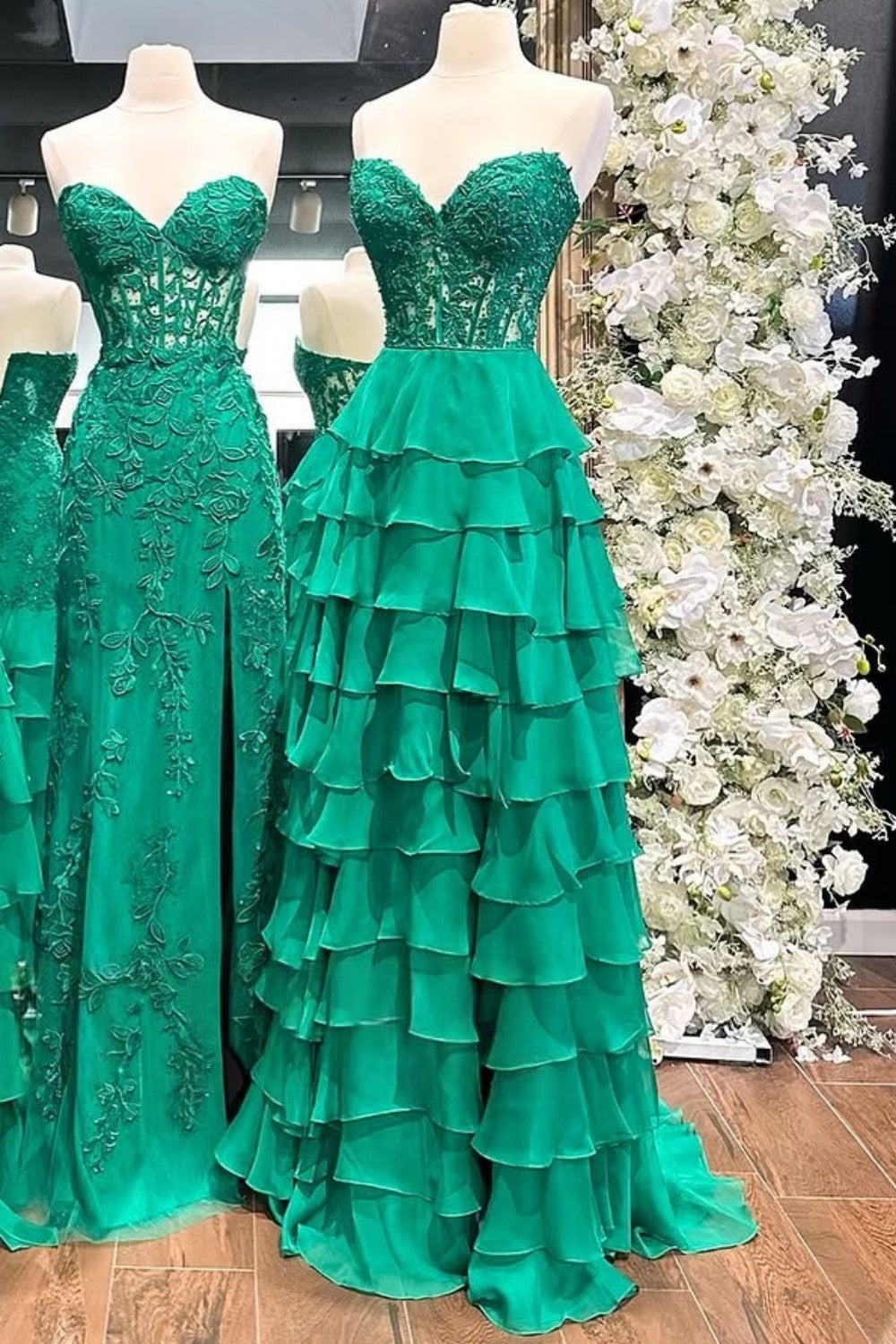 Light Blue Floral Lace Split Neck A-Line Prom Dress with Slit main image 1