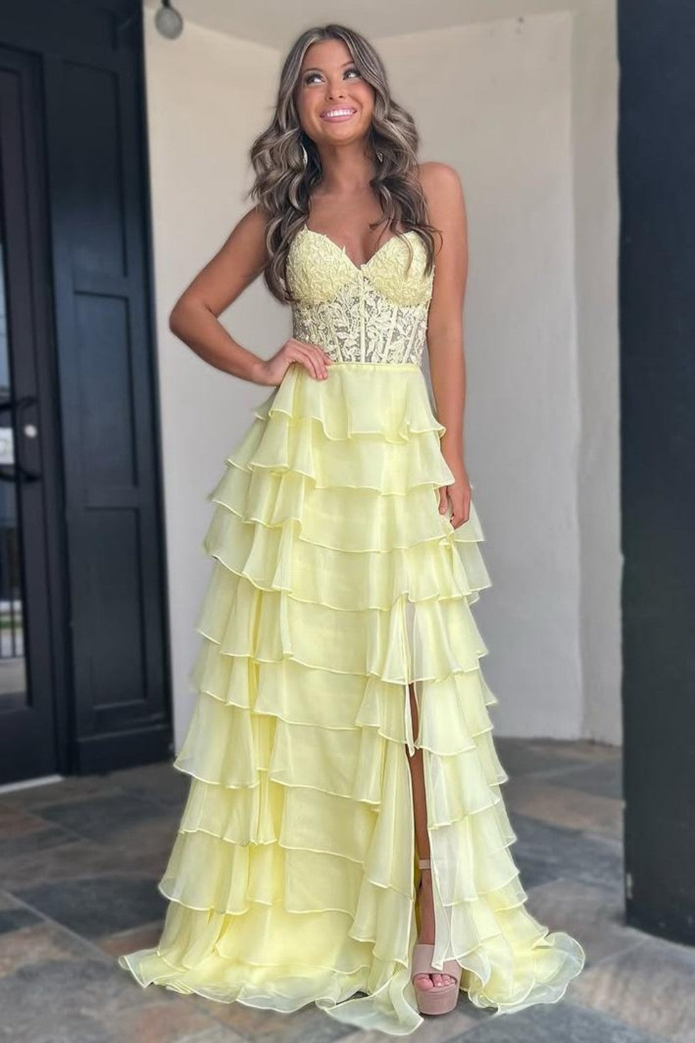 Luuvis Light Blue A-Line Sweetheart Long Lace And Chiffon Prom Dress With Slit Luuvis Light Blue A-Line Sweetheart Long Lace And Chiffon Prom Dress With Slit