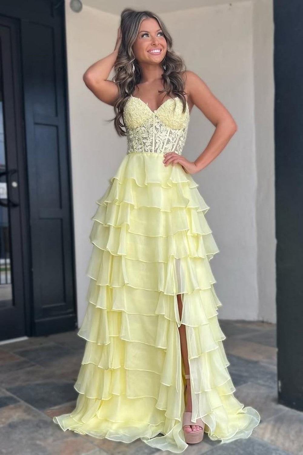 strapless open back dress Luuvis Light Blue A-Line Sweetheart Long Lace And Chiffon Prom Dress With  Slit