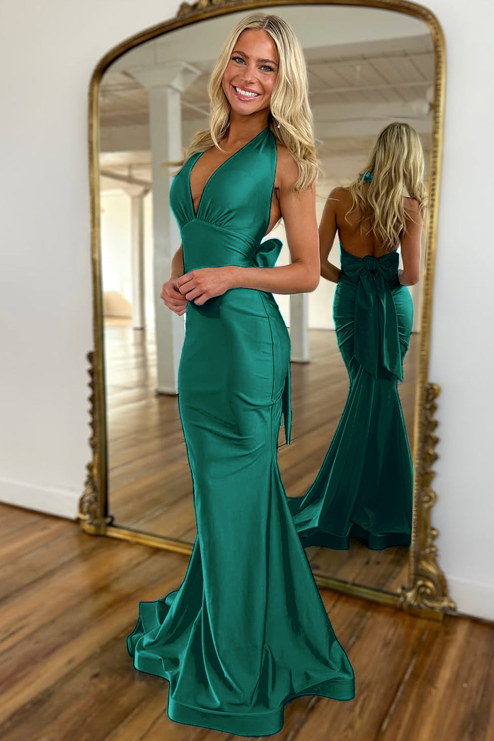 Luuvis Women Light Blue Mermaid Halter Neck Backless Long Satin Prom Dress  With Bowknot