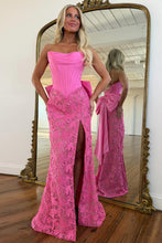 Load image into Gallery viewer, Fashionable Mermaid Strapless Hot Pink Corset Lace Prom Dress with Bowknot