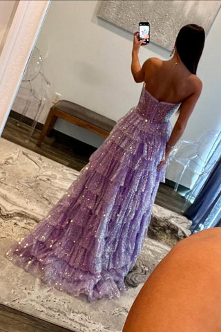 Princess A Line Sweetheart Lilac Corset Prom Dress with Ruffles