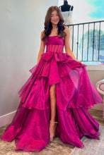 Load image into Gallery viewer, Lovely A-Line Fuchsia Strapless Long Organza Prom Dress with Slit and Bowknot
