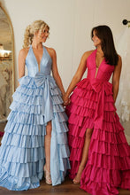 Load image into Gallery viewer, Lovely A-Line Halter Neck Long Tiered Satin Prom Dress with Slit and Bowknot
