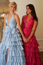 Load image into Gallery viewer, Lovely A-Line Halter Neck Long Tiered Satin Prom Dress with Slit and Bowknot
