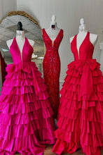 Load image into Gallery viewer, Lovely A-Line Halter Neck Long Tiered Satin Prom Dress with Slit and Bowknot
