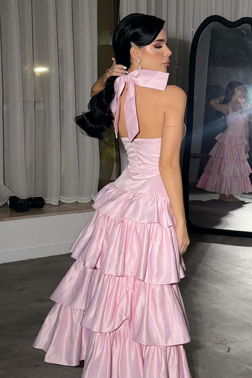 Lovely Pink A-Line Halter Neck Long Tiered Satin Formal Party Dress