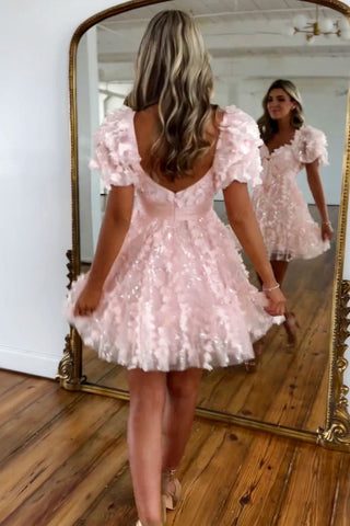 Lovely Pink A-Line Puff Sleeves Short Tulle Homecoming Dress With Bowknot